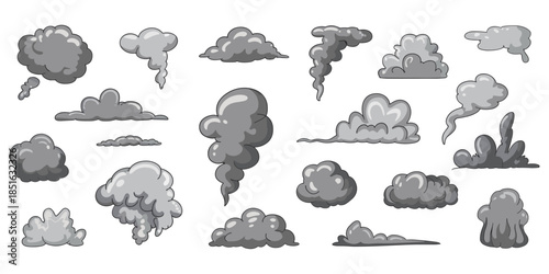 Cartoon smoke and cloud icon set, gray puff shapes, stylized plumes and swirls, monochrome design, flat vector illustration
