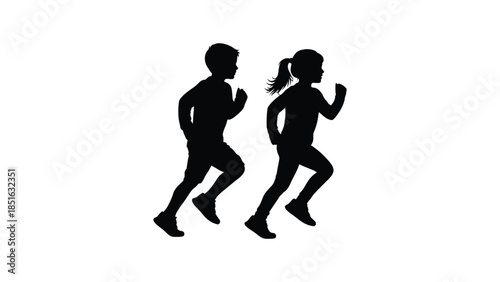 Silhouette of a boy and girl running side by side representing youth activity and fitness