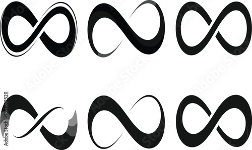 Set of Six Minimalist Infinity Symbols Featuring Brush Stroke and Geometric Designs for Modern Logo and Creative Branding.