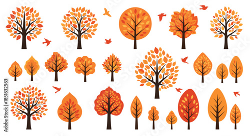 Large collection of stylized autumn trees and flying birds in warm orange and yellow colors, isolated on a white background.