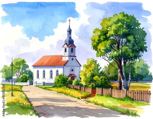 Watercolor depiction of a church with a road and trees, sunny day