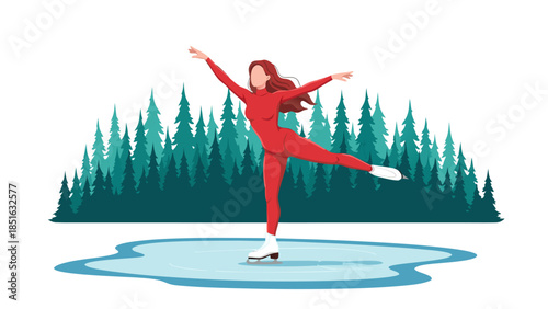 Young Woman In Red Ski Suit Gracefully Ice Skating On Frozen Pond Surrounded By Pine Trees
