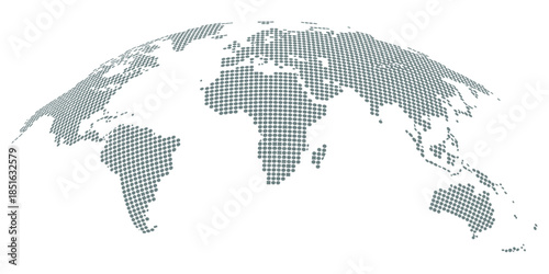 Dotted world map illustration, curved global perspective, minimalist black dot design, geographic data visualization, flat vector artwork