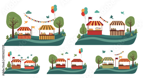 Set of five illustrations depicting a festive outdoor market or fair with colorful stalls on green hills under a clear sky.