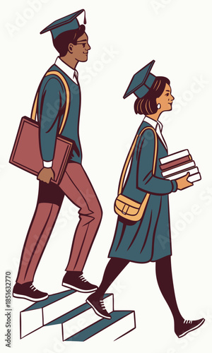 Two diverse students in graduation caps walking up and down stairs carrying books and bags representing academic journey and success.