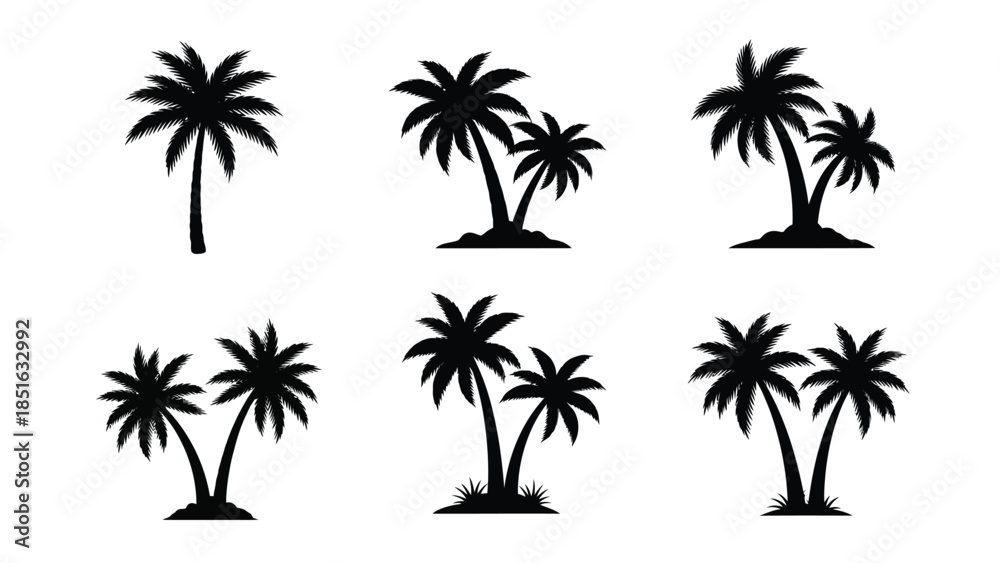 Naklejka premium Collection of six detailed palm tree silhouettes for tropical design concepts