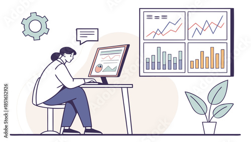 Woman analyzing business data on computer with charts and graphs 1.