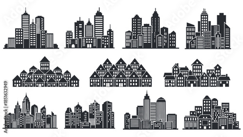 Collection of black and white silhouette icons of city skylines and suburban neighborhood architecture