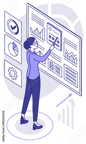 Woman analyzing data on a large interactive screen.