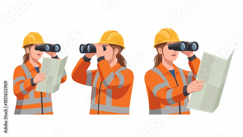 Engineer examining site plans and surveying landscape through binoculars on construction site