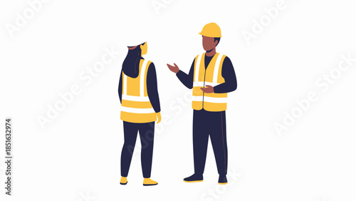 Two construction workers in safety vests and hard hats discussing on site
