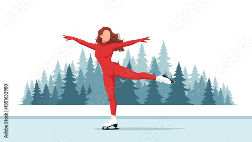 Elegant woman in red skating suit performing on ice with forest background