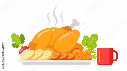 A steaming roasted chicken with sliced potatoes and carrots served on a white plate with a red mug beside it