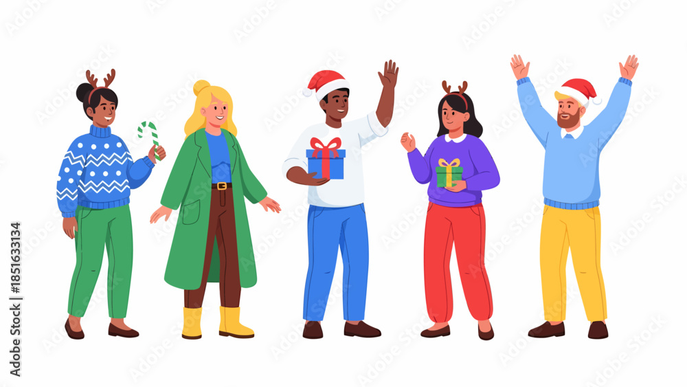 Obraz premium People celebrating a festive occasion together, wearing holiday attire and accessories, in a joyful scene from a front viewpoint.
