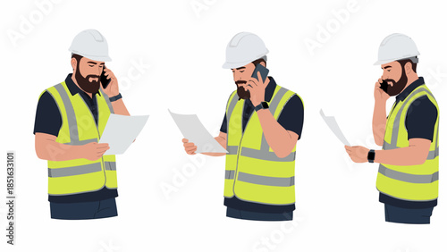 Men in hard hats and safety vests engaged in a phone call and reviewing documents on a construction site