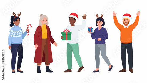 Diverse group of people celebrating Christmas together outdoors with festive decorations and joyful expressions