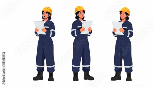 Three women in hard hats and uniforms holding plans in a row