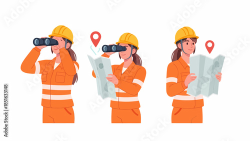 Construction workers examining site plans and surveying the landscape