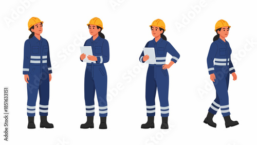 Workers in hard hats and uniforms performing various actions against a white background
