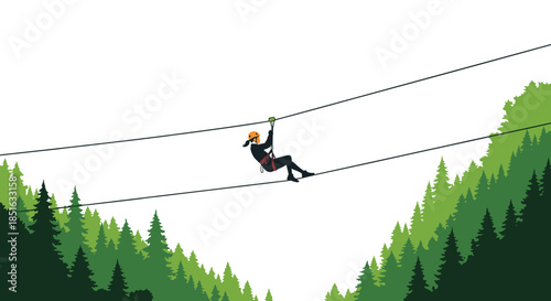 Silhouette of a person zip-lining across a valley with a lush green pine forest below, illustrating adventure and extreme sports.