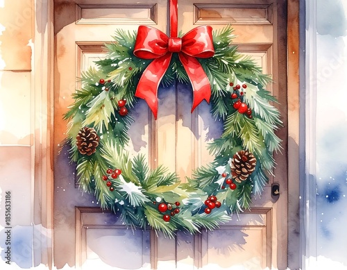 Watercolor depiction of a festive evergreen wreath on a wooden door