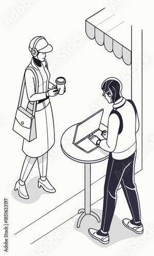 Woman with coffee cup standing near a table with another person.