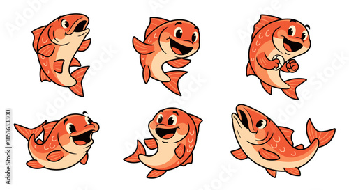 Set of Six Adorable Cartoon Orange Fish Characters with Happy Expressions.