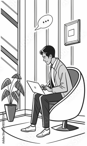 Young man working on laptop in modern office setting.