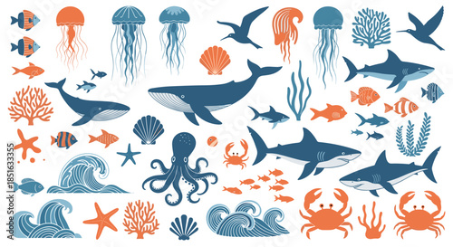 Large collection of stylized sea creatures and ocean elements, including sharks, whales, and crabs, in a bold two-color design.