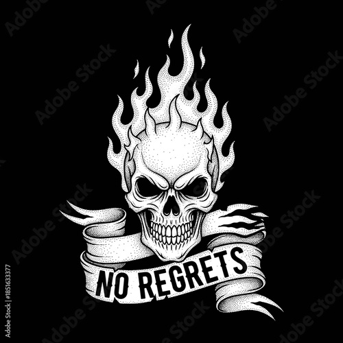 Scary Skull with Flames and No Regrets Banner.