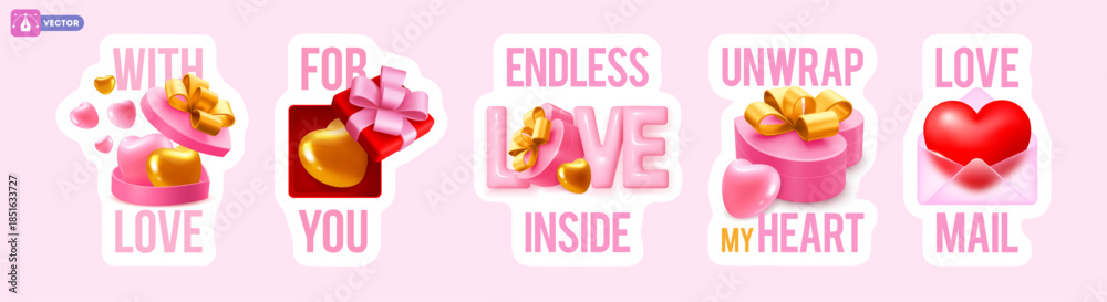 Obraz premium Set of Valentines Day labels, stickers, banner, greeting card template. Romantic cute design, 3d conceptual objects, hearts, gift box, envelope and typography lettering. Vector illustration