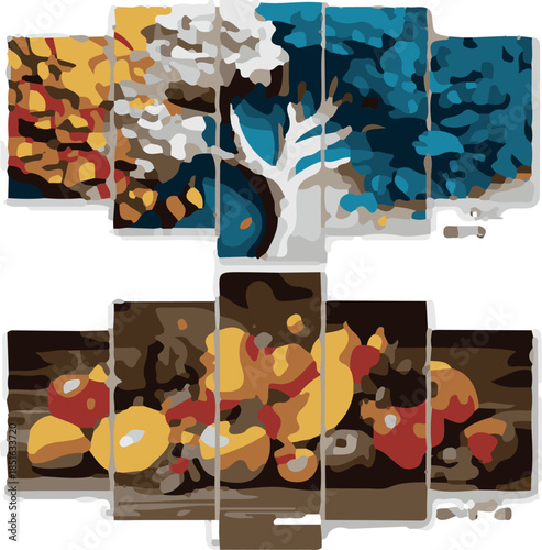 Abstract tree and fruit still life diptych background blue