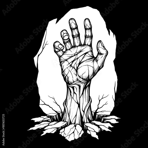 A hand emerging from the ground with detailed texture.