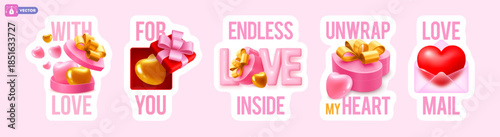 Set of Valentines Day labels, stickers, banner, greeting card template. Romantic cute design, 3d conceptual objects, hearts, gift box, envelope and typography lettering. Vector illustration