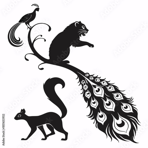 Silhouette of a panther and peacock