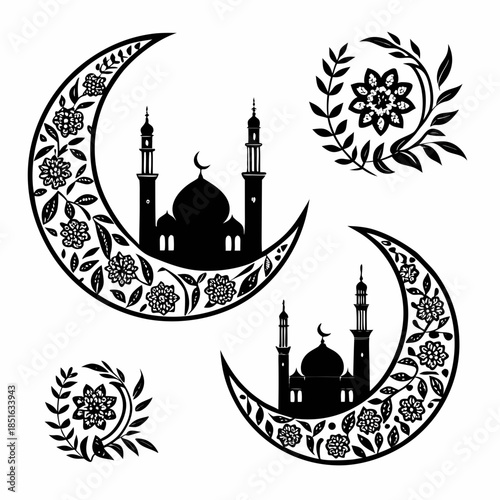 Islamic crescent moon and mosque silhouettes