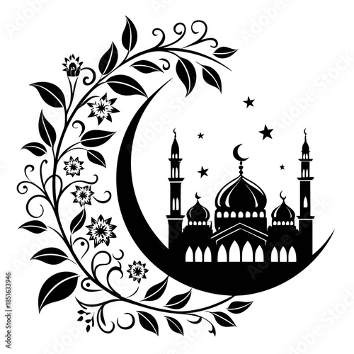 Illustrative crescent moon with mosque