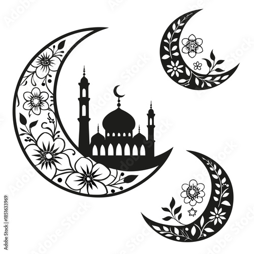Illustrative mosque and crescent moons