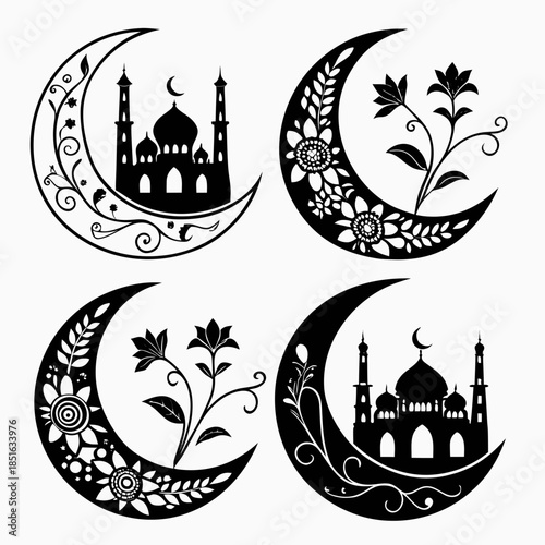 Illustrative crescent moons with mosques and floral designs