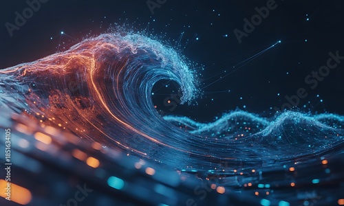 Abstract digital wave formed by glowing blue and orange data particles and connected lines, visualizing flowing information, energy, and motion in a futuristic technology-inspired background.