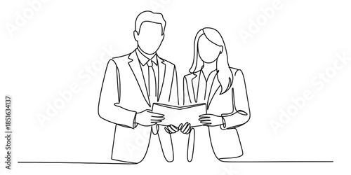 Continuous line art drawing of two business professionals discussing a document Vector, illustration