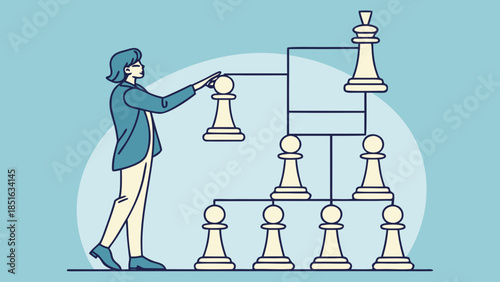 Businesswoman arranging chess pieces in a hierarchical structure.