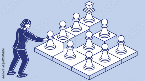 Businesswoman moving chess pawn on a tiered board symbolizing strategy and career progression.