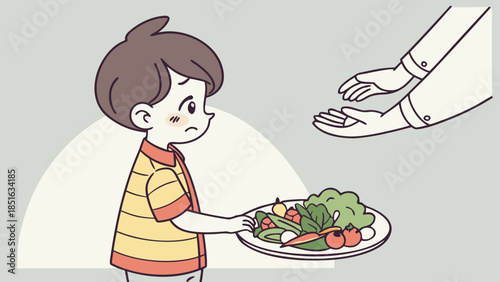 Child refusing to eat vegetables from an adults outstretched hand.