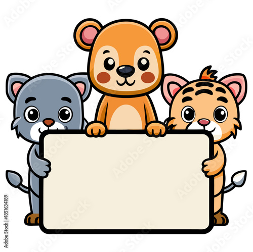 "Cartoon-style gray cat, brown bear, and orange tiger holding a blank rectangular sign together with cheerful expressions transparent png vector"