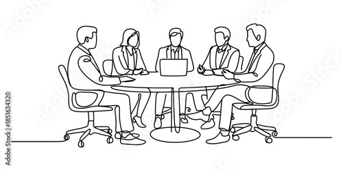 Continuous line drawing of a business meeting with a team collaborating around a table Vector, illustration