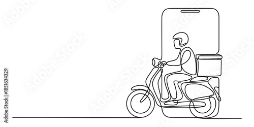 One continuous line drawing of a delivery courier on a scooter emerging from a smartphone screen Vector, illustration