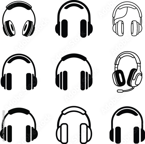 A collection of various headphone icons in black and white