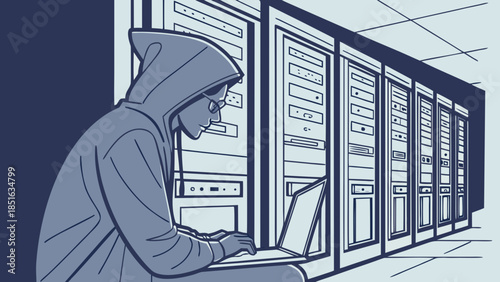 Hacker in a hoodie working on a laptop in a server room.