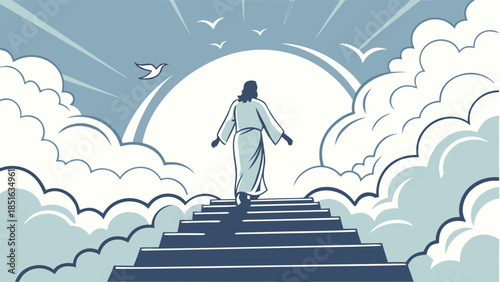 Jesus Christ Ascending to Heaven on a Stairway of Clouds.